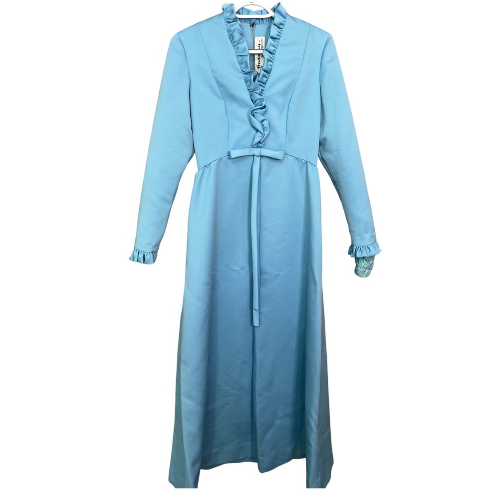 VTG 70s Harmay Union Made USA Maxi Dress S Ruffled Blue Minimalist Wedding Party